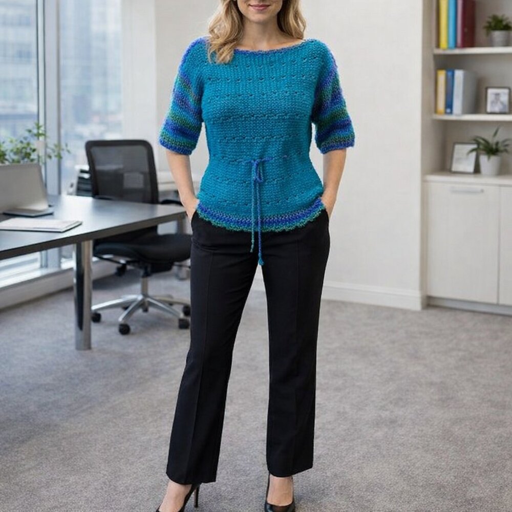 Hand Crafted Short Sleeve Sweater Teal Purple Green Designer Original Essential